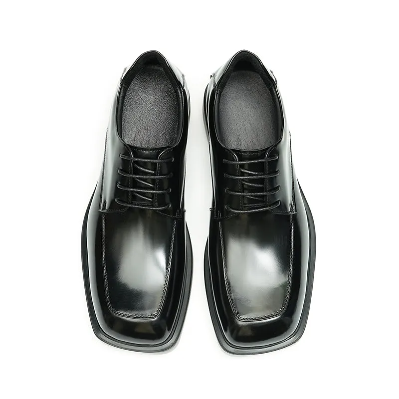 Calfskin Derby Shoes Men Leather Shoes Glossy Square Toe