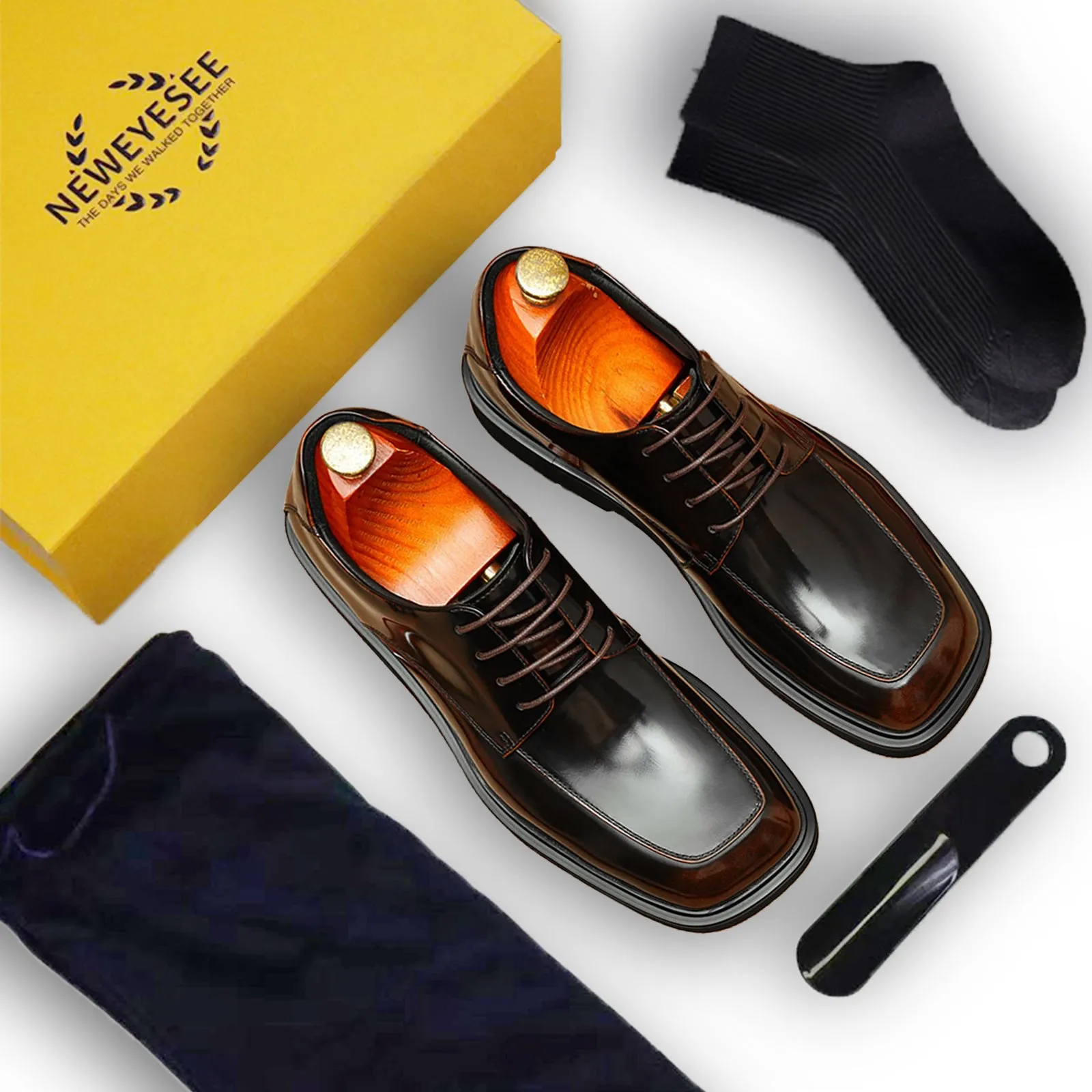 Calfskin Derby Shoes Men Leather Shoes Glossy Square Toe