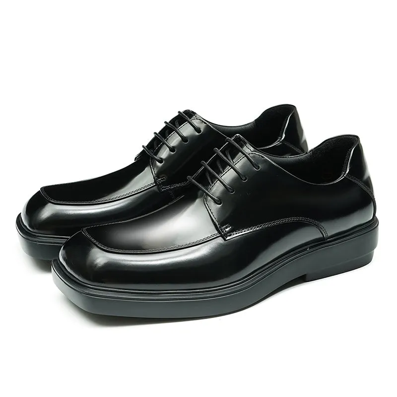 Calfskin Derby Shoes Men Leather Shoes Glossy Square Toe