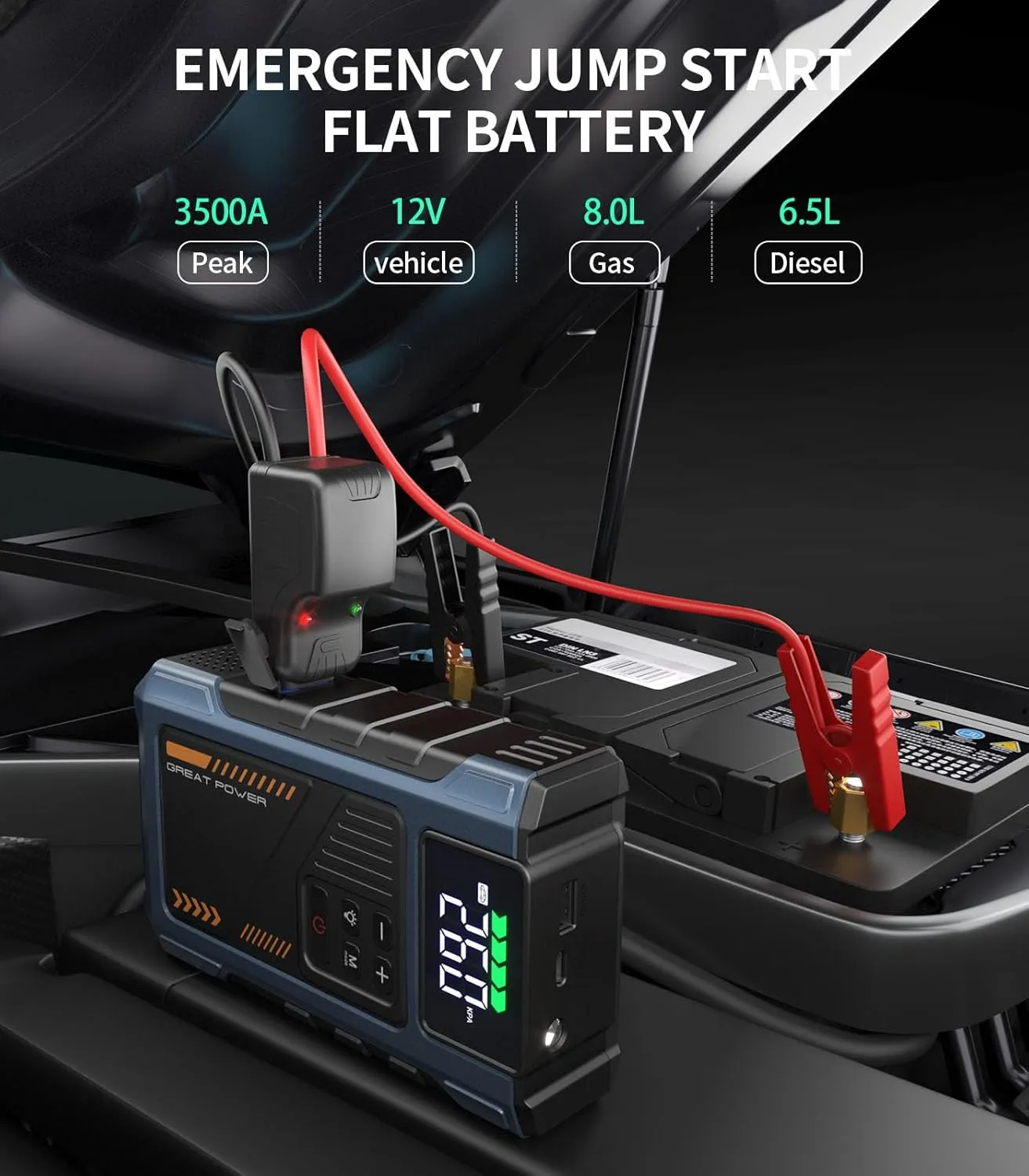 Car Battery Charger Jump Starter with Air Compressor, 3500A Jumper Box for Car Battery Portable Booster Jump Pack, 12V Jumpstart Combo 150PSI Tire Inflator Air Pump(Up to 8.0L Gas/6.5L Diesel)