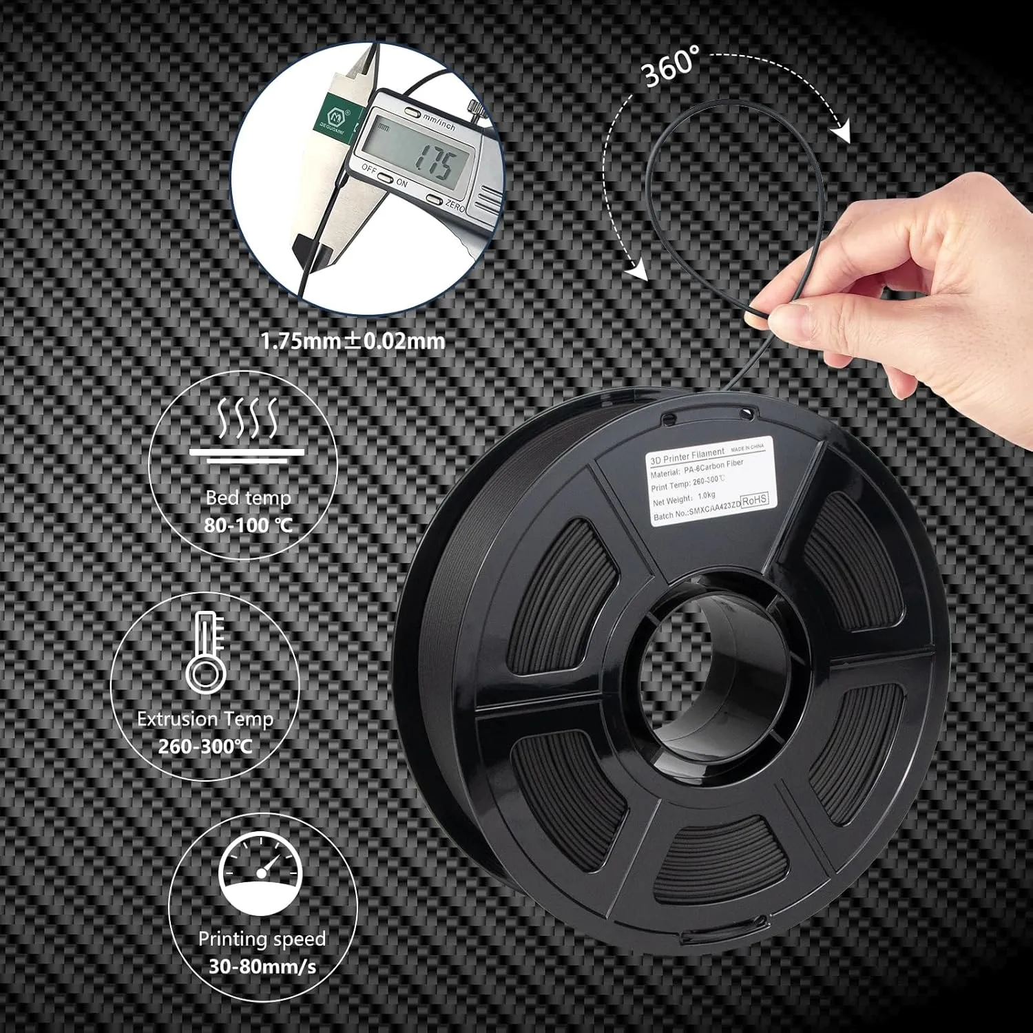 Carbon Fiber Nylon Filament 1.75mm, Low Moisture Sensitivity Enhanced PA6-CF 3D Printer Filament, Carbon Fiber Filament for Industrial Engineering Printing, 1kg(2.2lbs) Spool