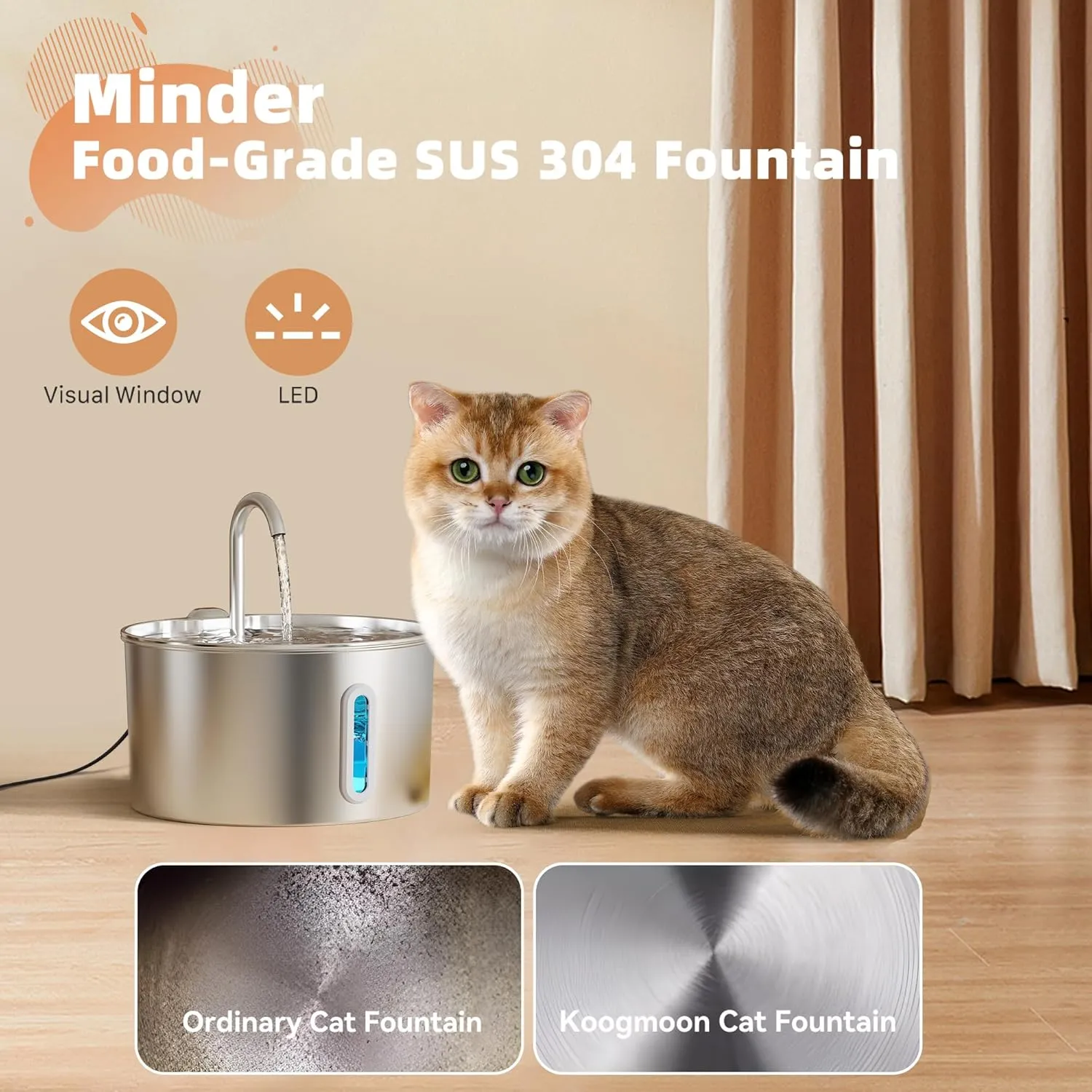 Cat Water Fountain Stainless Steel: 2.2 L Cat Fountain for Drinking - Automatic Pet Water Fountain for Cats Inside - Metal Cat Dog Water Dispenser Bowl with Faucet Water Level Window Ultra Quiet Pump