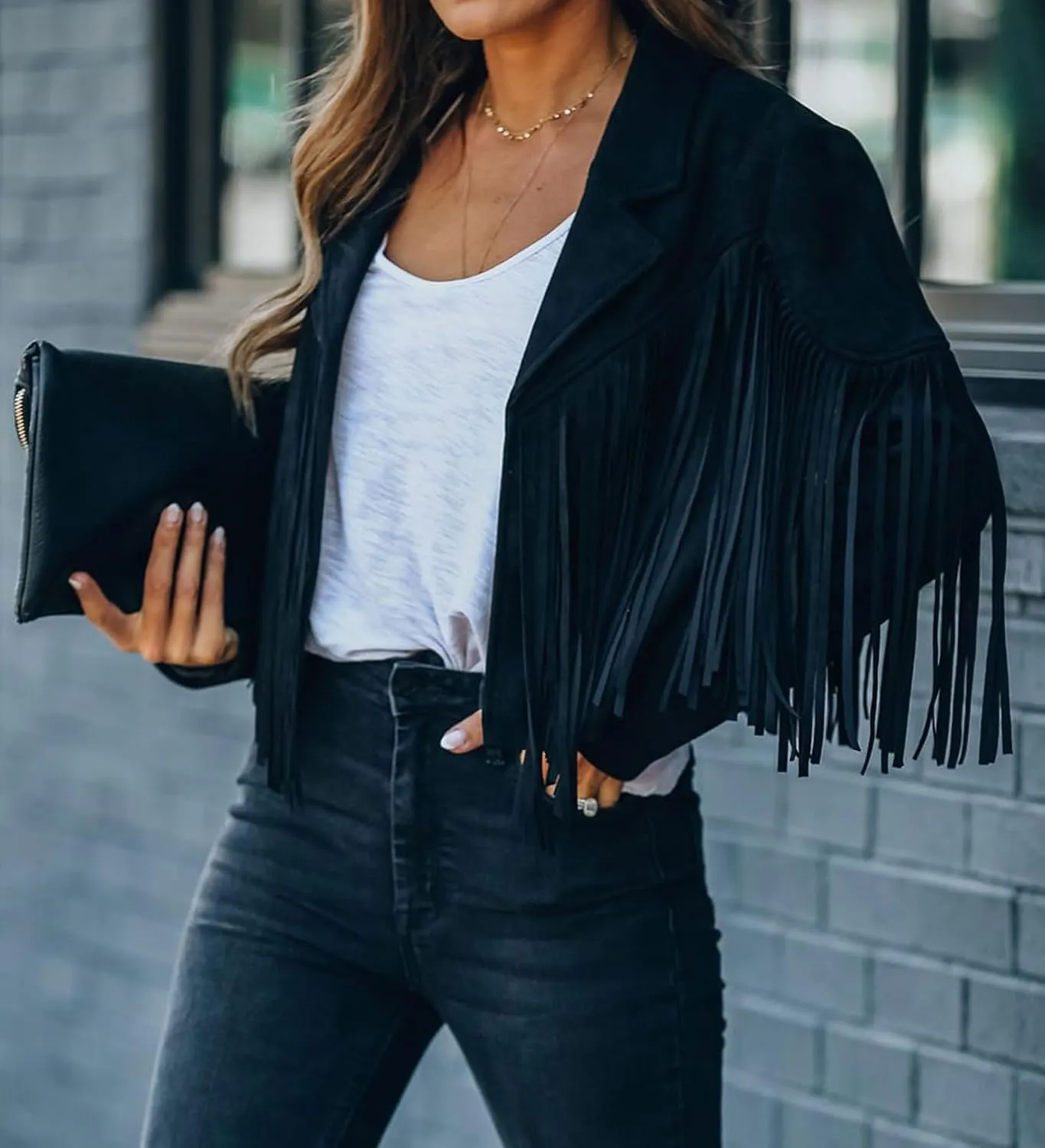 CHARTOU Casual Faux Leather Jacket Women Motorcycle Jacket Fringe Cropped Jacket Utility Tassel Suede Moto Jacket