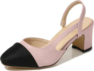 CKSNDLF Women Slingback Pumps Chunky High Heels Splicing Round Toe Comfortable Casual Wedding Shoes for Women Dress Shoes