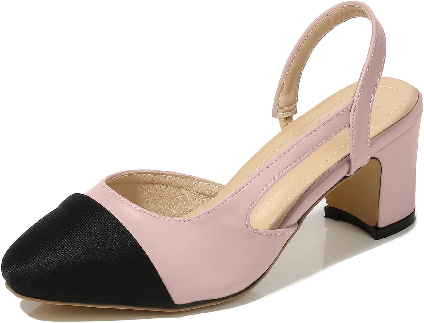 CKSNDLF Women Slingback Pumps Chunky High Heels Splicing Round Toe Comfortable Casual Wedding Shoes for Women Dress Shoes