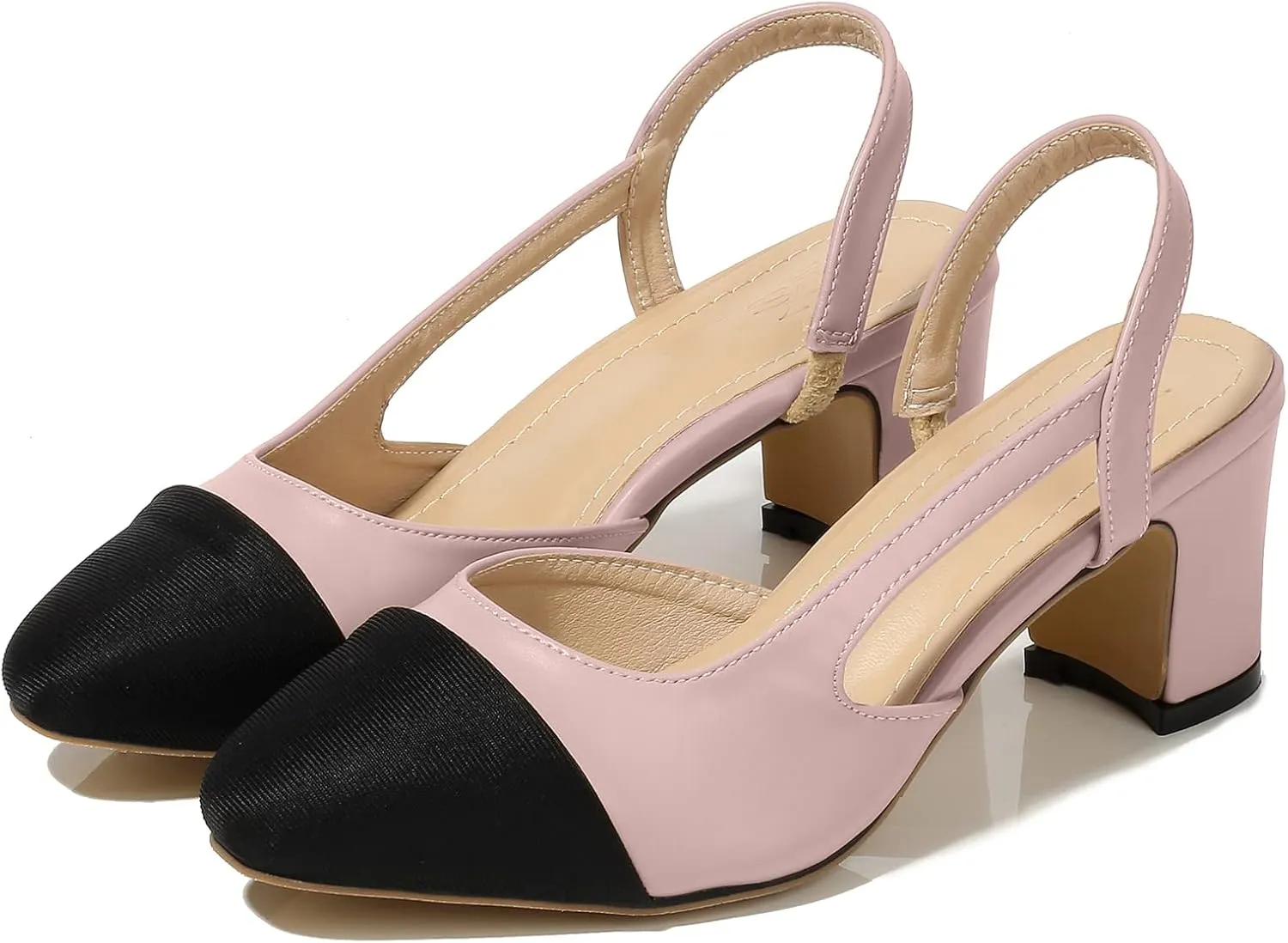 CKSNDLF Women Slingback Pumps Chunky High Heels Splicing Round Toe Comfortable Casual Wedding Shoes for Women Dress Shoes