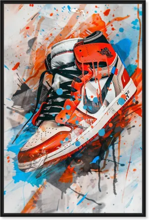 Colorful Splatter Sneaker Framed Sneaker 1 Piece Canvas Wall Art, 11" x 16", Black Frame