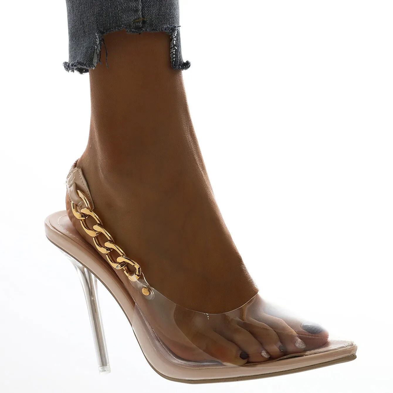 Creamtopmall Transparent Pointed Toe Chain Heel Shoes
