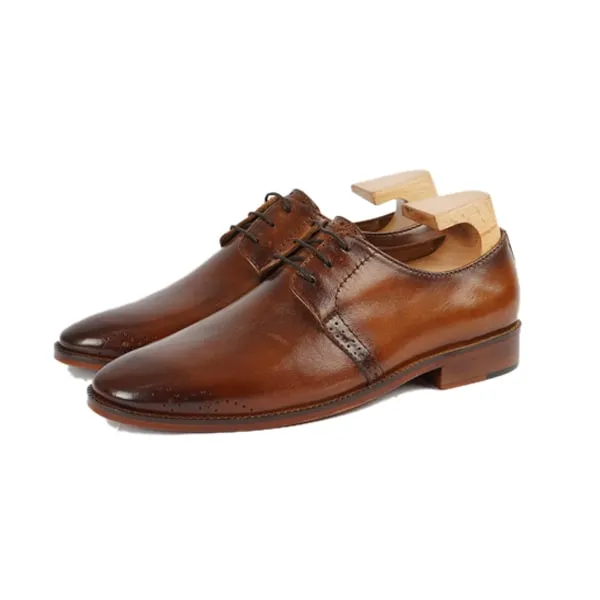 Derby Blucher Brown Leather Plain Toe Shoes Hand Painted
