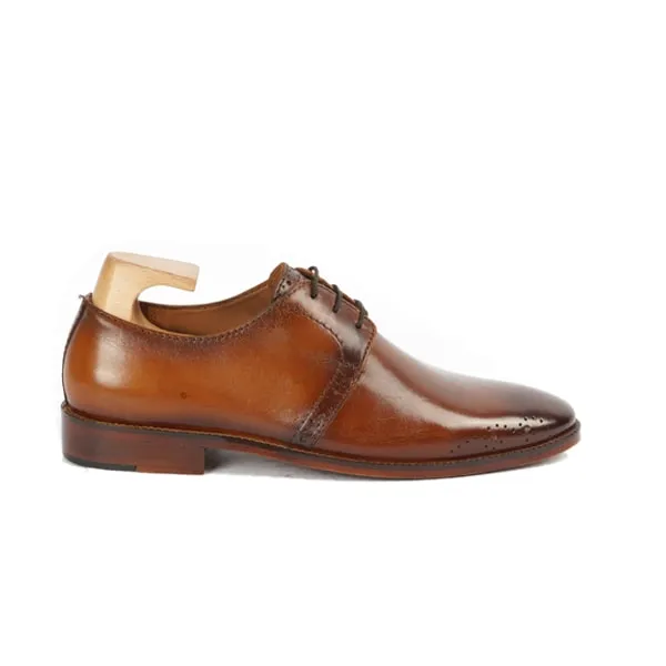 Derby Blucher Brown Leather Plain Toe Shoes Hand Painted