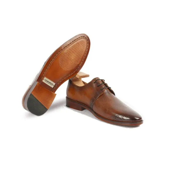 Derby Blucher Brown Leather Plain Toe Shoes Hand Painted