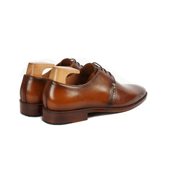 Derby Blucher Brown Leather Plain Toe Shoes Hand Painted