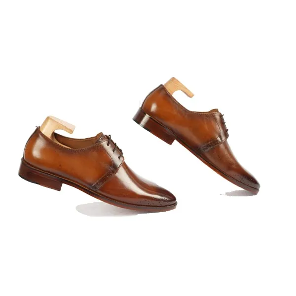 Derby Blucher Brown Leather Plain Toe Shoes Hand Painted