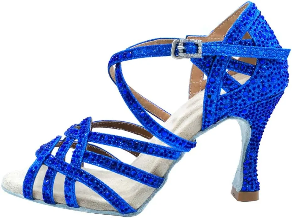 DKZSYIM Women 's Satin Latin Dance Shoes Rhinestone Ballroom Salsa Performance Practice Dancing Shoes,Model YCL356