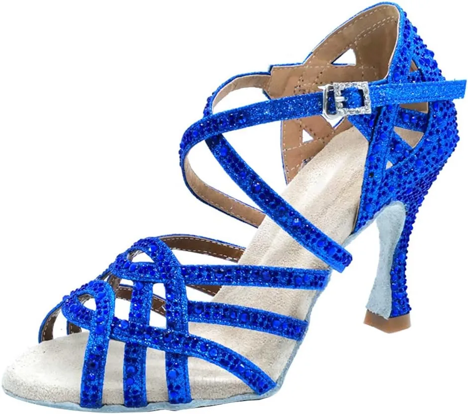 DKZSYIM Women 's Satin Latin Dance Shoes Rhinestone Ballroom Salsa Performance Practice Dancing Shoes,Model YCL356