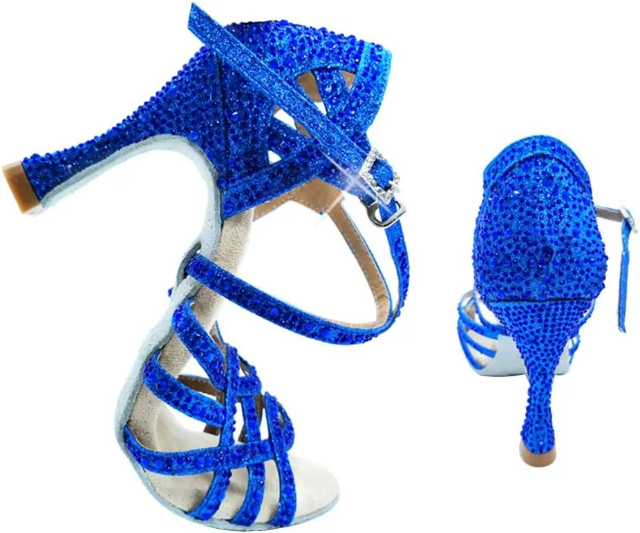 DKZSYIM Women 's Satin Latin Dance Shoes Rhinestone Ballroom Salsa Performance Practice Dancing Shoes,Model YCL356