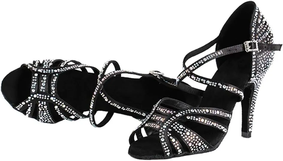 DKZSYIM Women 's Satin Latin Dance Shoes Rhinestone Ballroom Salsa Performance Practice Dancing Shoes,Model YCL356