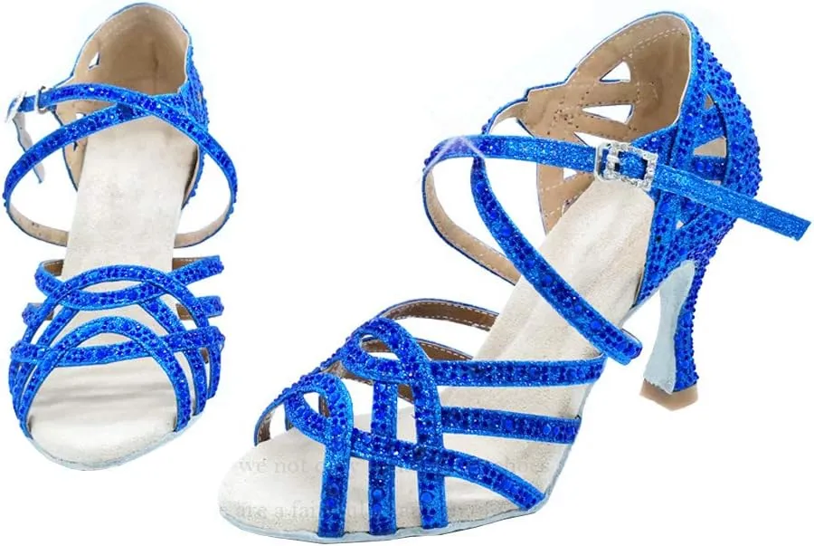 DKZSYIM Women 's Satin Latin Dance Shoes Rhinestone Ballroom Salsa Performance Practice Dancing Shoes,Model YCL356