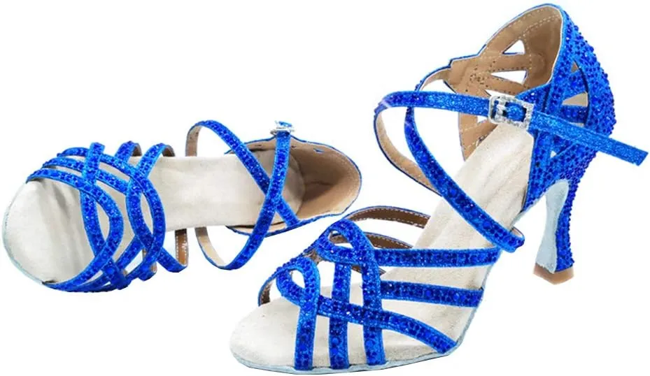 DKZSYIM Women 's Satin Latin Dance Shoes Rhinestone Ballroom Salsa Performance Practice Dancing Shoes,Model YCL356