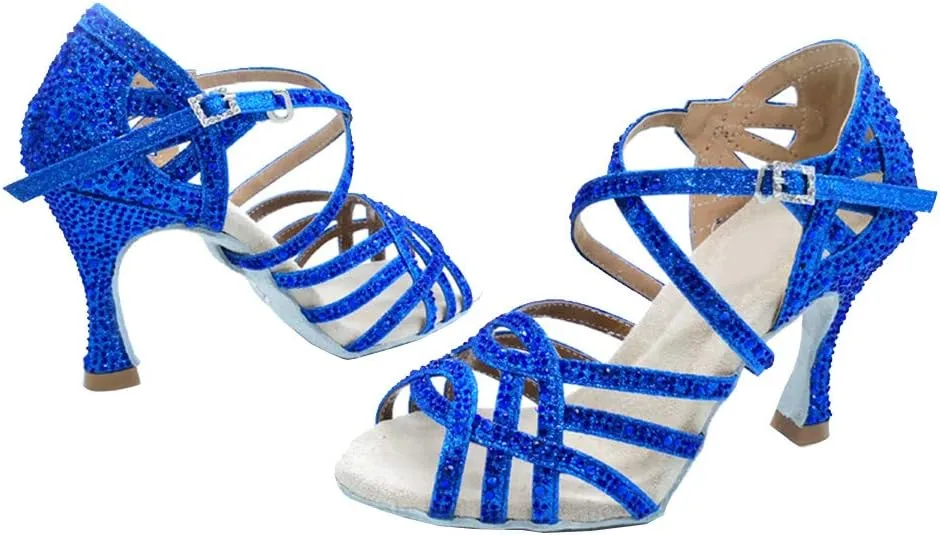 DKZSYIM Women 's Satin Latin Dance Shoes Rhinestone Ballroom Salsa Performance Practice Dancing Shoes,Model YCL356