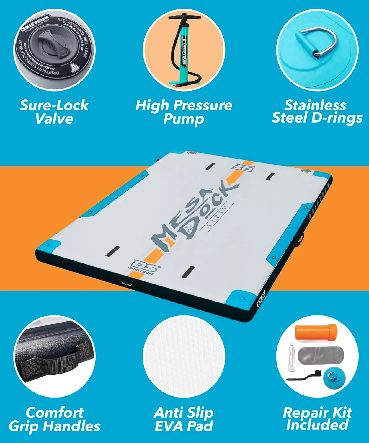 Driftsun Inflatable Floating Dock Platform - Mesa Dock Floats, Floating Docks for Lakes & Boats, Inflatable Island, Swim Platform Quick Inflation, Floating Mats for The Water