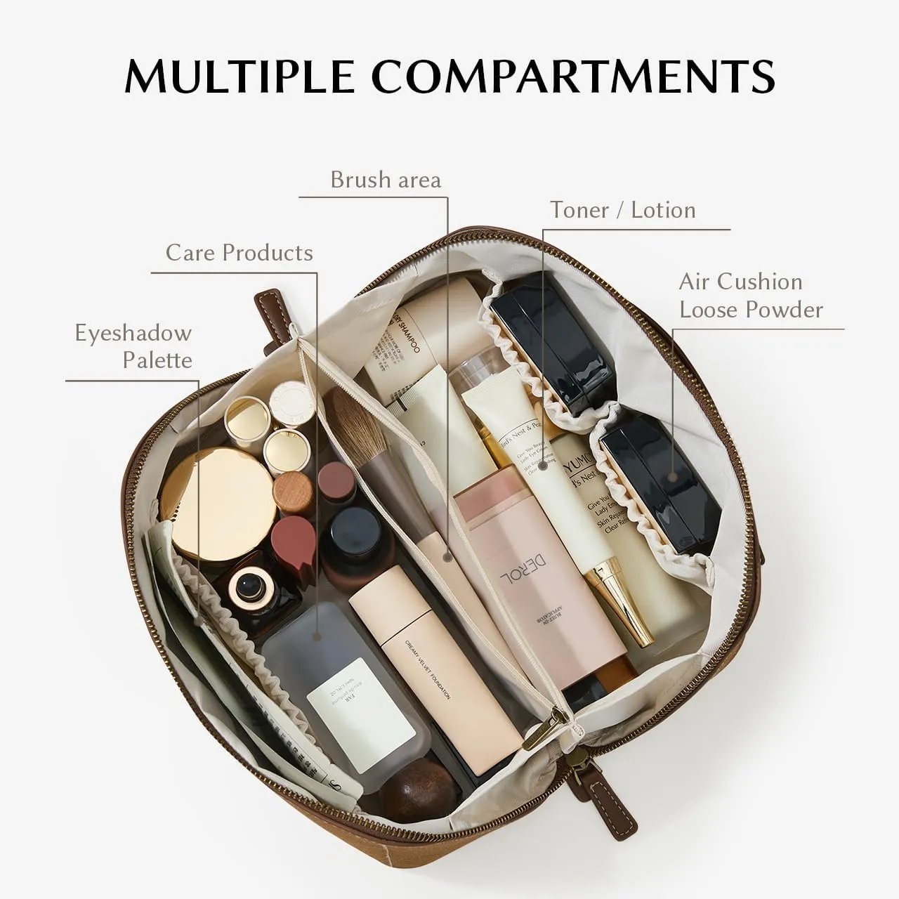 EACHY Makeup Bag, Large Capacity Cosmetic Bags for Women, Portable 180° Wide-Open Flat Toiletry Bag Travel Makeup Bag with Divider and Handle