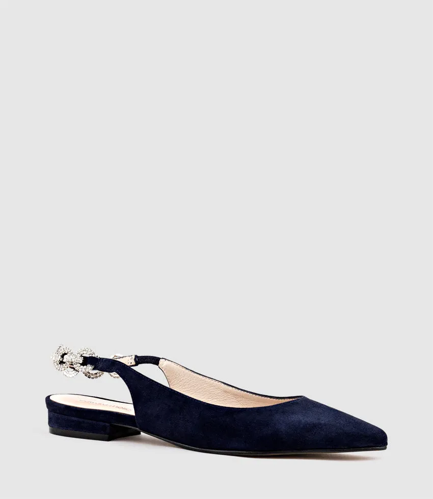 EBONY Flat Slingback with Diamond Band in Navy Suede