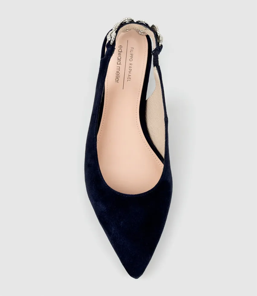 EBONY Flat Slingback with Diamond Band in Navy Suede