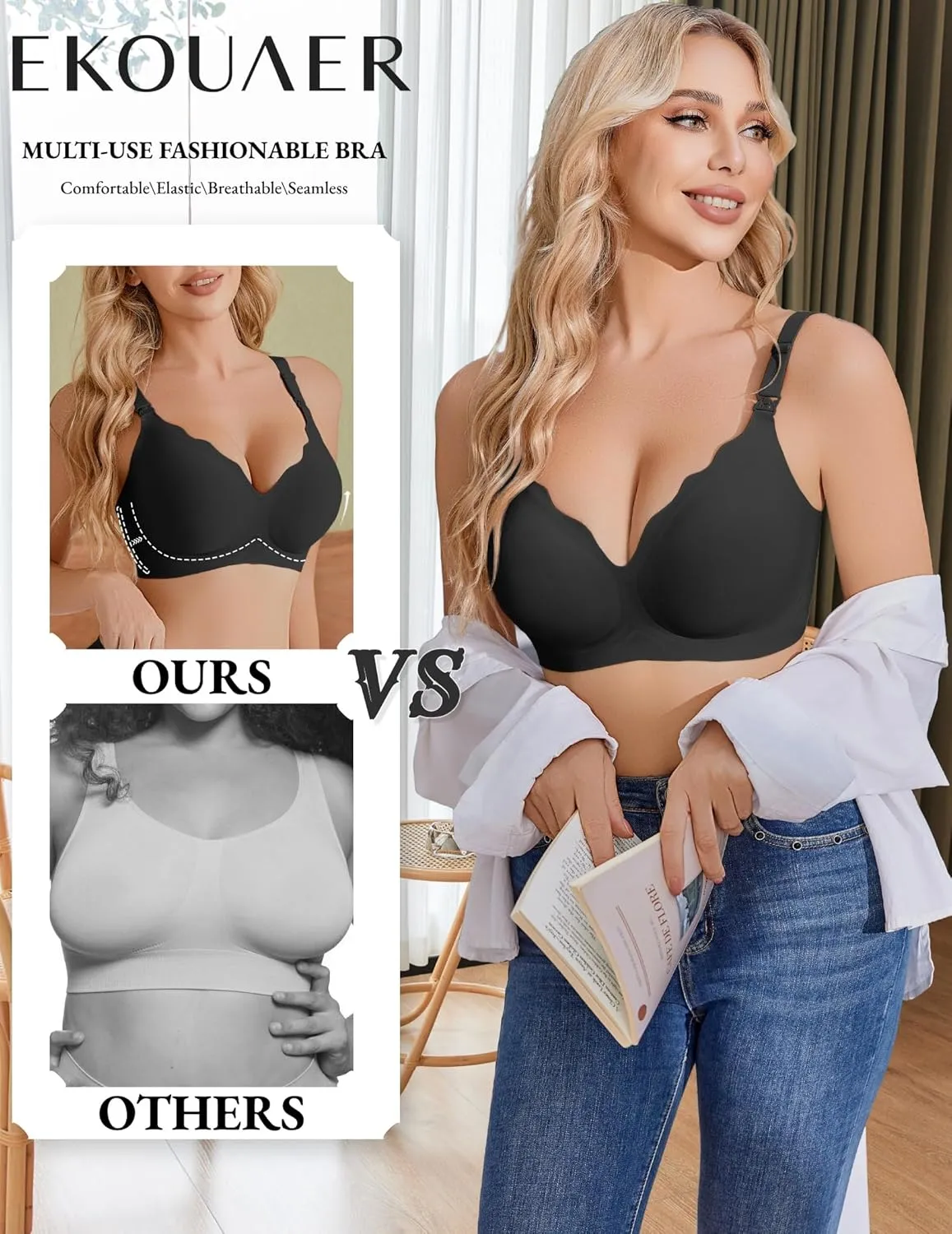 Ekouaer Nursing Bra Wavy Breastfeeding Bras for Women Seamless Maternity Support Wireless Pregnancy Sleep Bralette