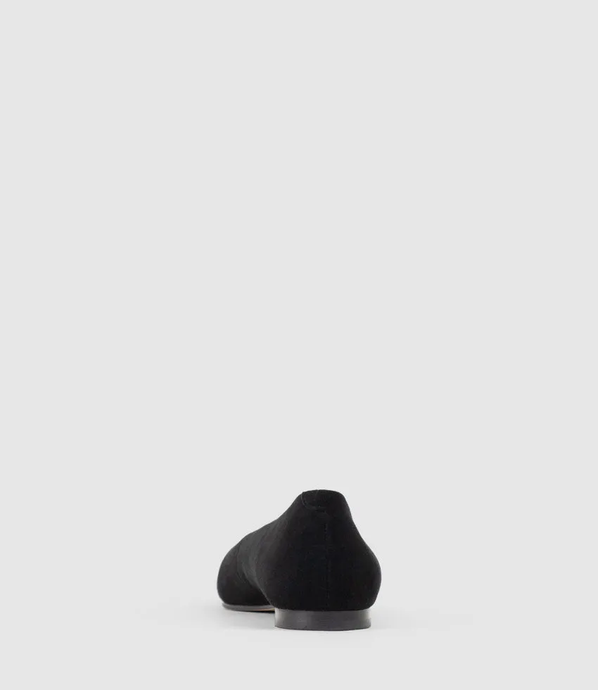 ELVY Chiselled Flat Pump in Black Suede