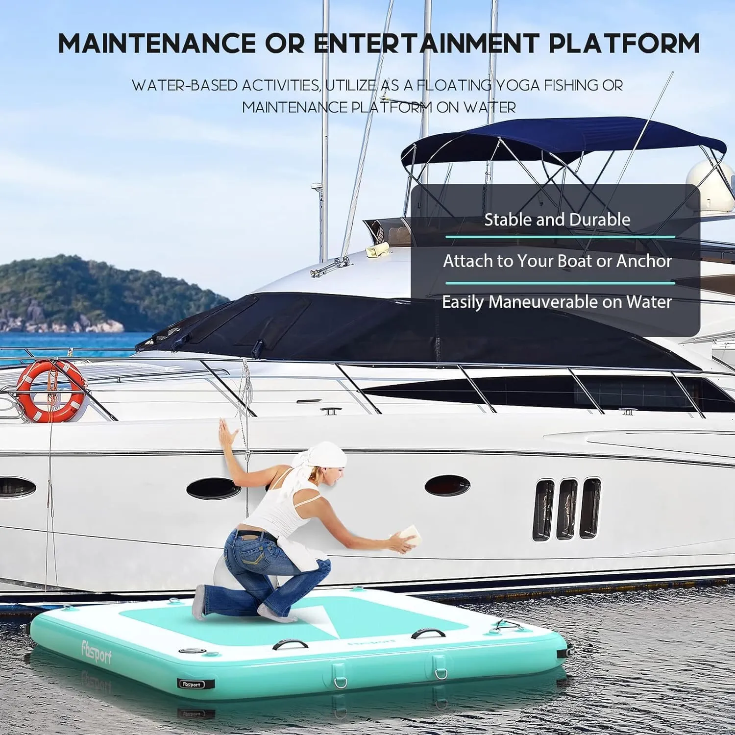 FBSPORT Inflatable Floating Dock, 10ft 8ft 6ft Inflatable Air Dock Platform for Lake Floating Island Raft with Non-Slip Surface, Inflatable Water Floating Dock Mat for Pool Beach Ocean