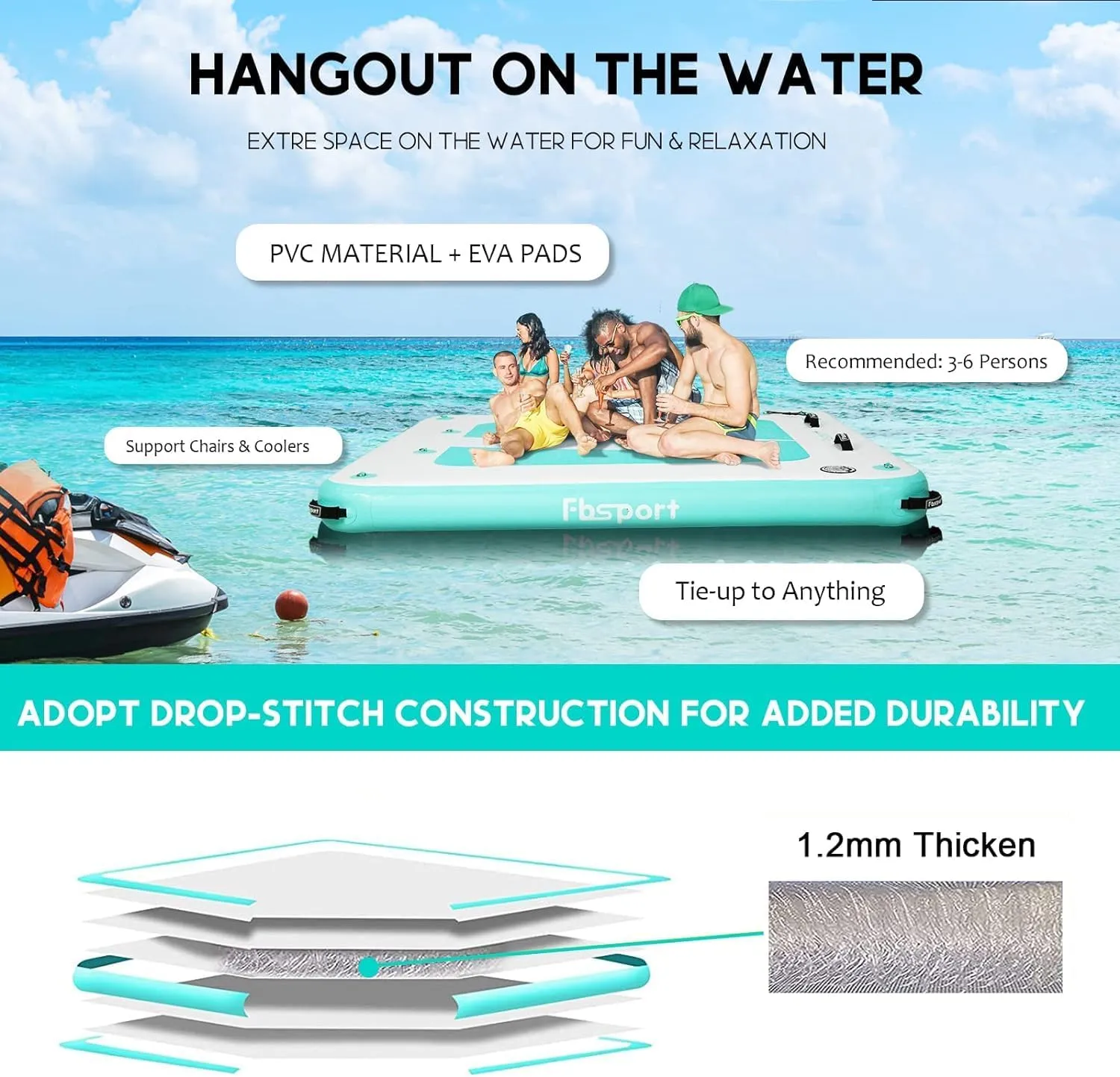 FBSPORT Inflatable Floating Dock, 10ft 8ft 6ft Inflatable Air Dock Platform for Lake Floating Island Raft with Non-Slip Surface, Inflatable Water Floating Dock Mat for Pool Beach Ocean