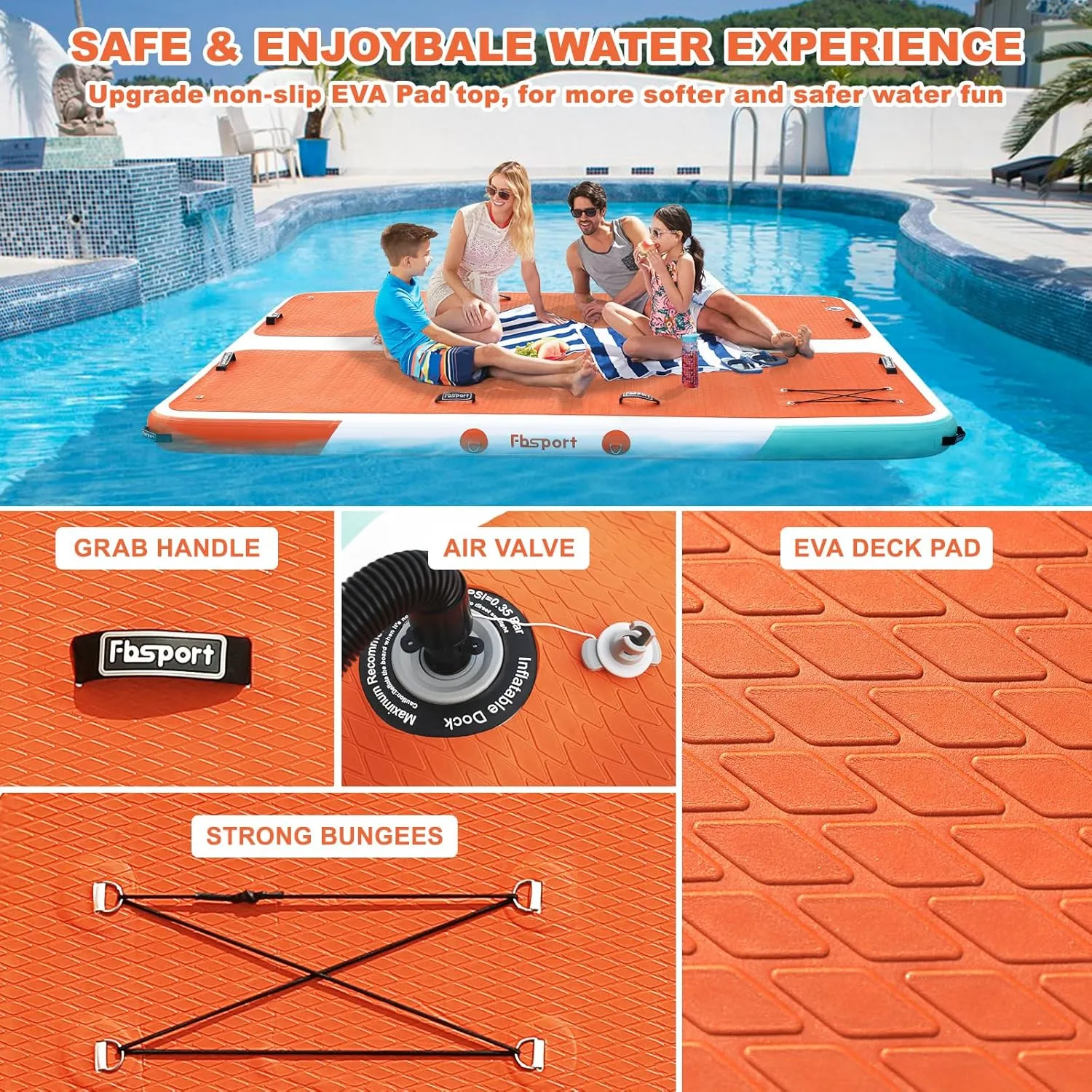 FBSPORT Inflatable Floating Dock, 10ft Inflatable Swim Platform Dock for Lake, Inflatable Water Floating Dock Mat with Non-Slip EVA Surface, Floating Island for Pool Beach Ocean