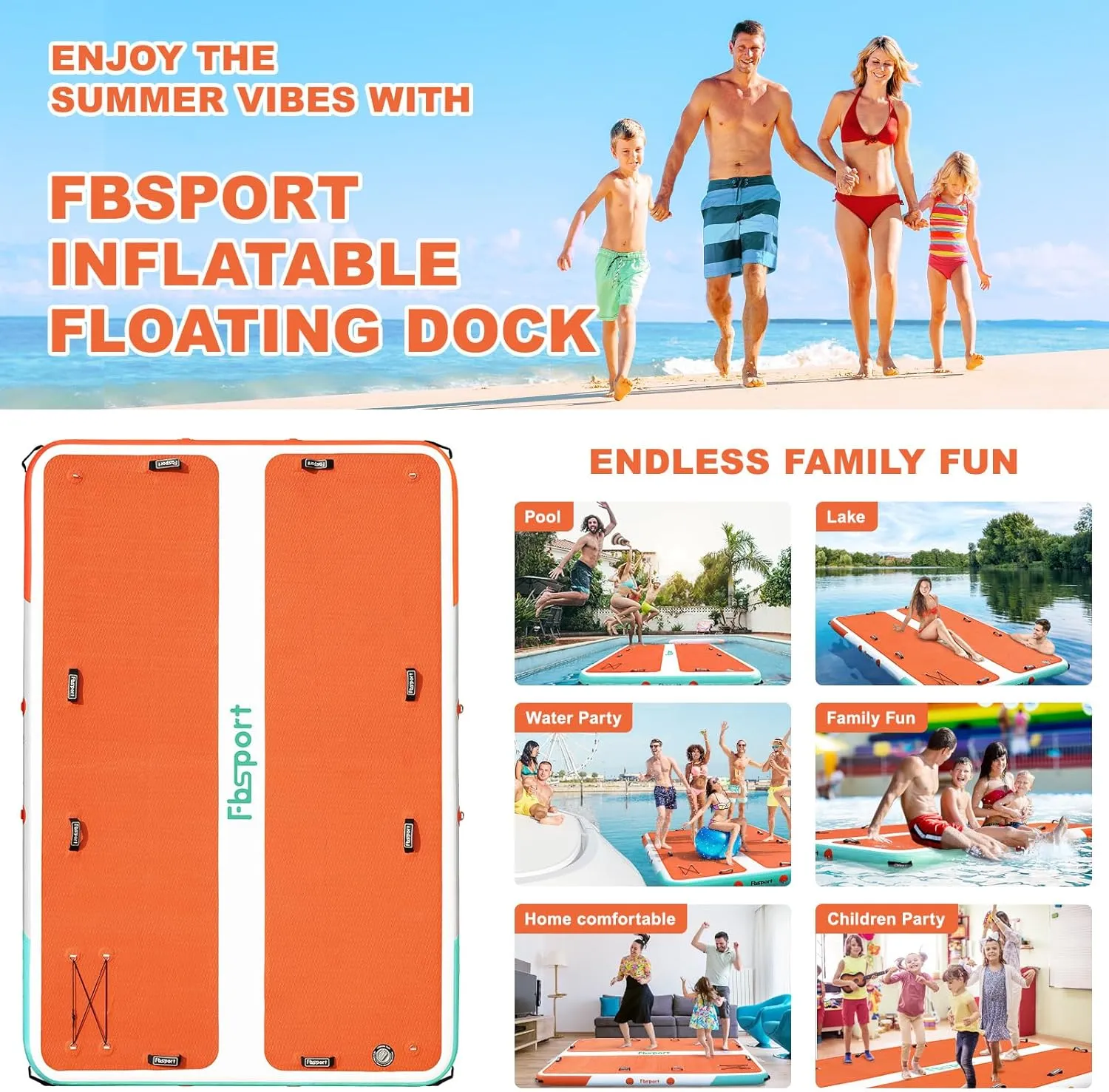 FBSPORT Inflatable Floating Dock, 10ft Inflatable Swim Platform Dock for Lake, Inflatable Water Floating Dock Mat with Non-Slip EVA Surface, Floating Island for Pool Beach Ocean