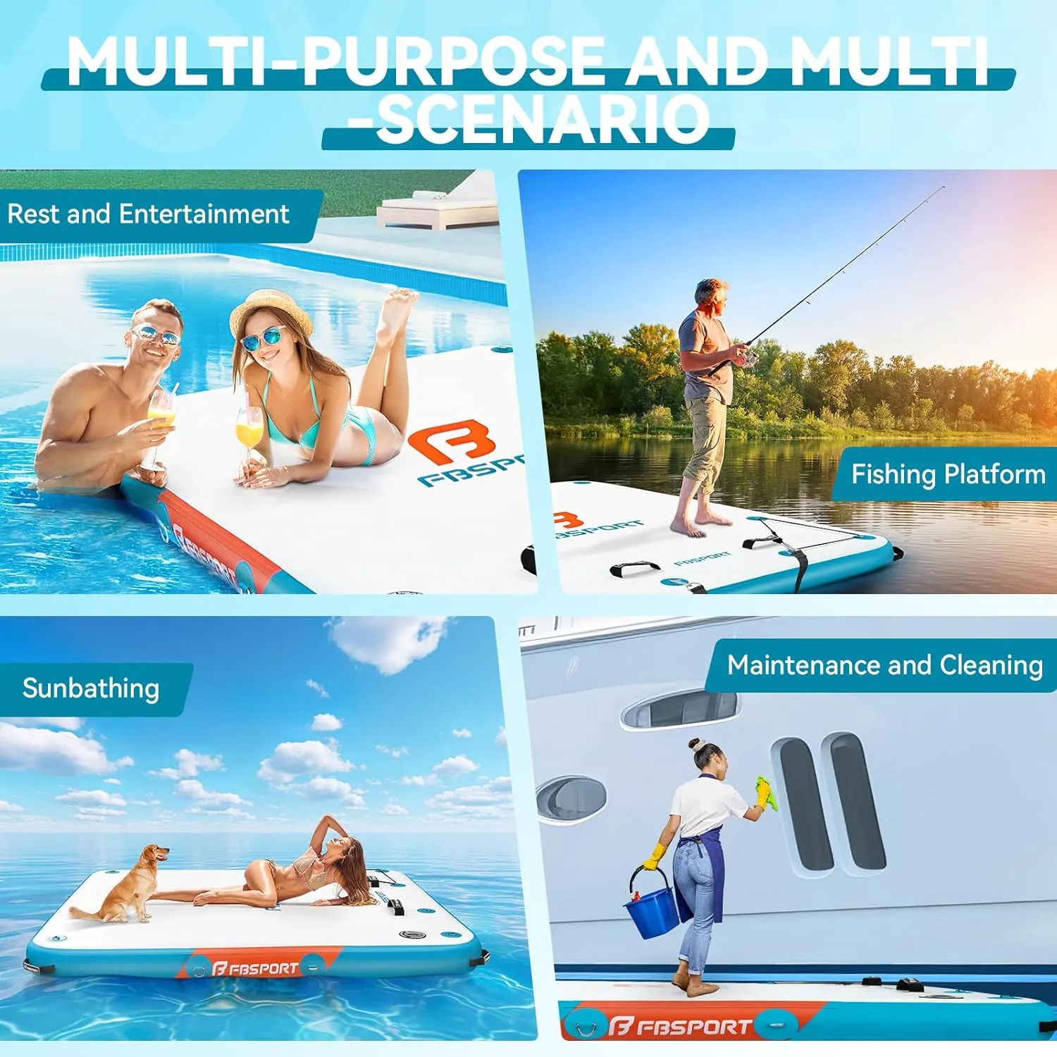 FBSPORT Inflatable Floating Dock,6ft/ 8ft/10ft Swim Air Platform Island Raft Mat with None-Slip Surface,6 Inch Thick PVC Construction,Floating Platform for Pool Beach Ocean