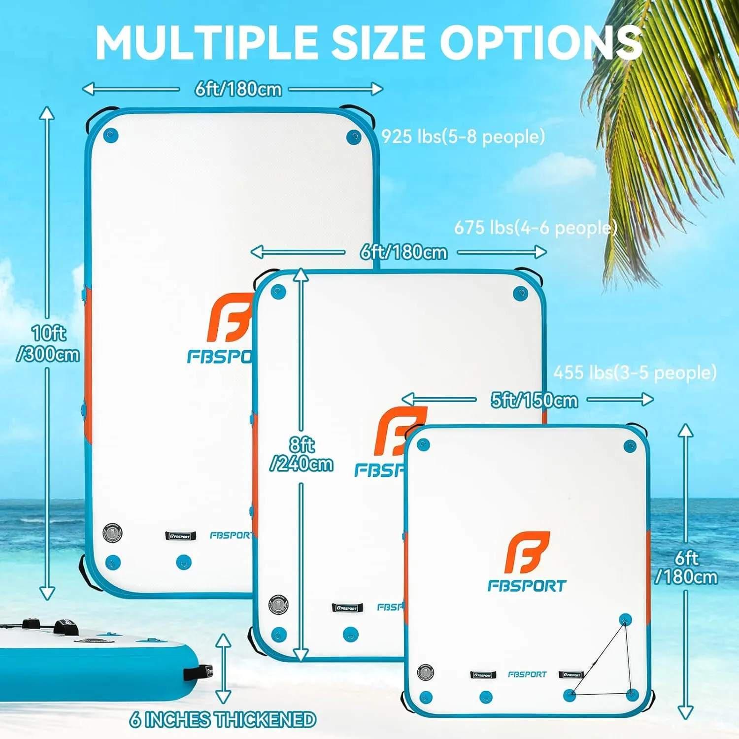 FBSPORT Inflatable Floating Dock,6ft/ 8ft/10ft Swim Air Platform Island Raft Mat with None-Slip Surface,6 Inch Thick PVC Construction,Floating Platform for Pool Beach Ocean