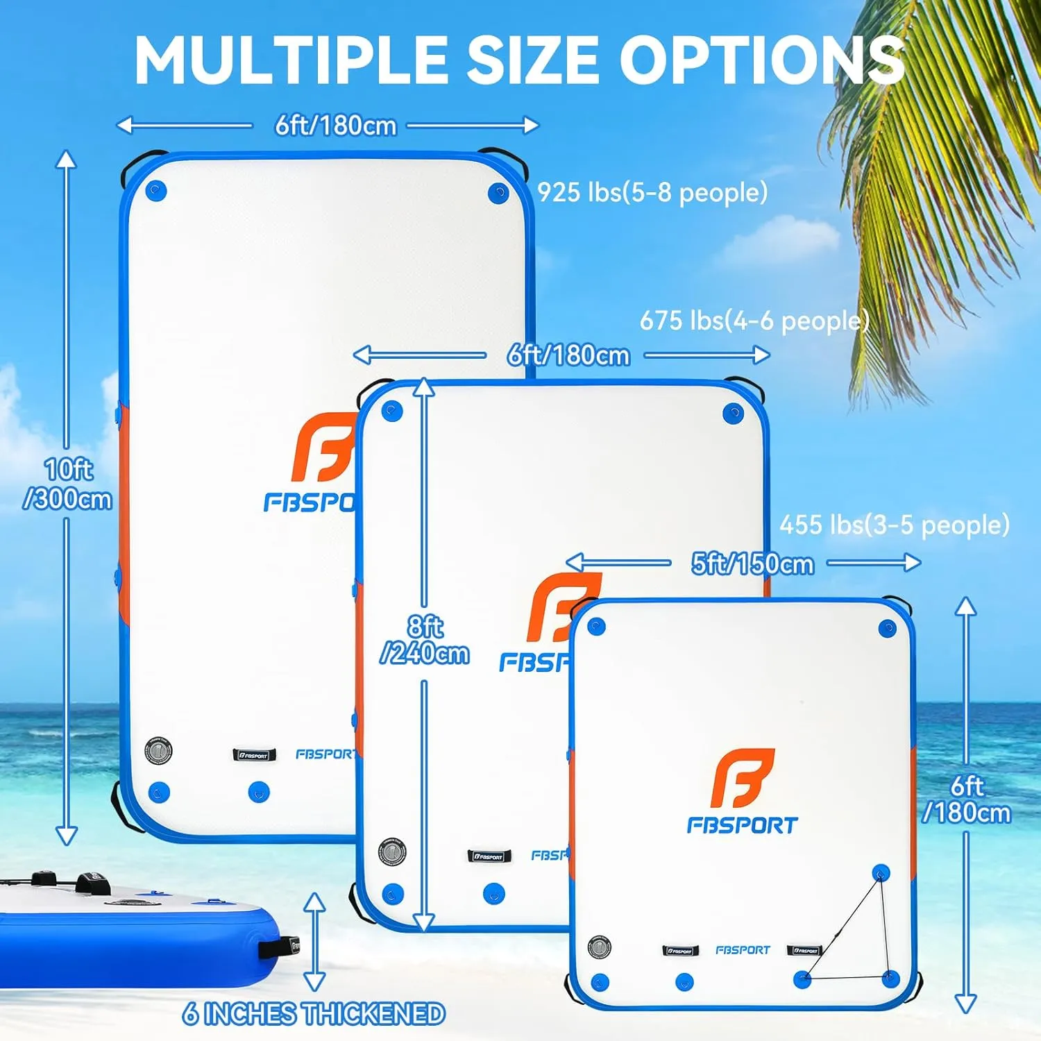 FBSPORT Inflatable Floating Dock,6ft/ 8ft/10ft Swim Air Platform Island Raft Mat with None-Slip Surface,6 Inch Thick PVC Construction,Floating Platform for Pool Beach Ocean