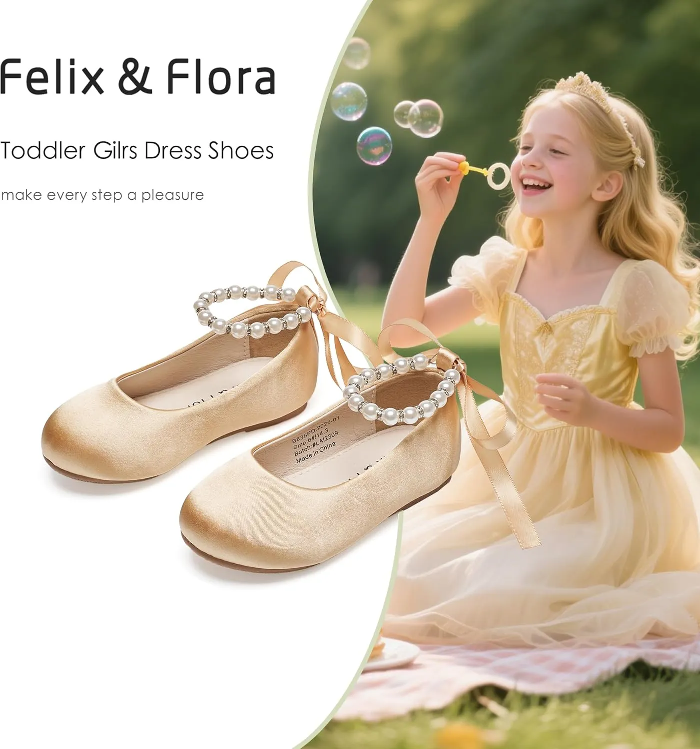 Felix & Flora Girls Toddler Little Ballet Shoes - Flower Girls Mary Jane Flats Dress Shoes Party Wedding