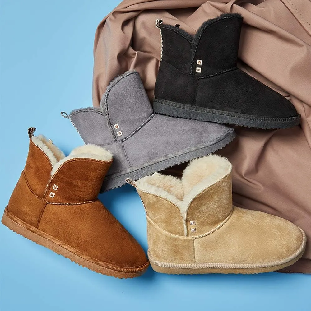 Floopi Warm Winter Boots for Women- Classic Ankle Cut, Eco-Friendly Suede Exterior, Faux Fur- Plush Interior- Anti-Skid Flat Sole, Casual Everyday Wear