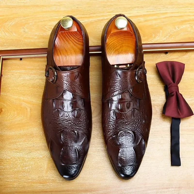 Formal Loafer Shoes for Men Pointed Toe Buckle Slip On Hand-Painted Faux Crocodile Pattern Slip On for Blub First Layer Decorate Dress Shoes for Men