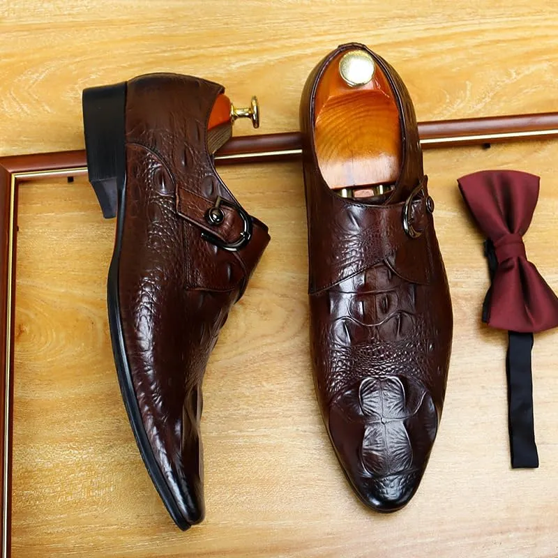 Formal Loafer Shoes for Men Pointed Toe Buckle Slip On Hand-Painted Faux Crocodile Pattern Slip On for Blub First Layer Decorate Dress Shoes for Men