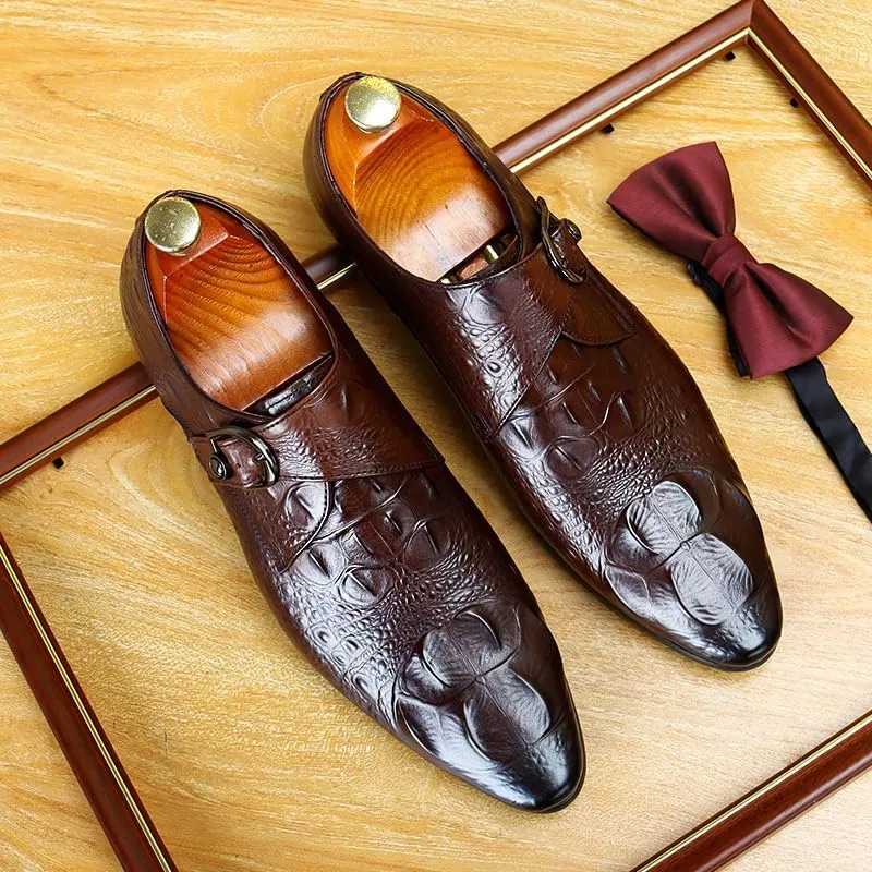 Formal Loafer Shoes for Men Pointed Toe Buckle Slip On Hand-Painted Faux Crocodile Pattern Slip On for Blub First Layer Decorate Dress Shoes for Men