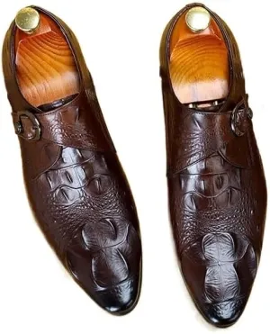 Formal Loafer Shoes for Men Pointed Toe Buckle Slip On Hand-Painted Faux Crocodile Pattern Slip On for Blub First Layer Decorate Dress Shoes for Men