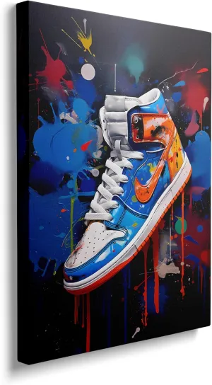 Framed Trendy Cool Banksy Graffiti Pop Sneaker Shoe Canvas Wall Art Gym Sports Decor Poster For Living Room Bedroom Home Office Artwork Gift Ready To Hang(16x24 Inches)