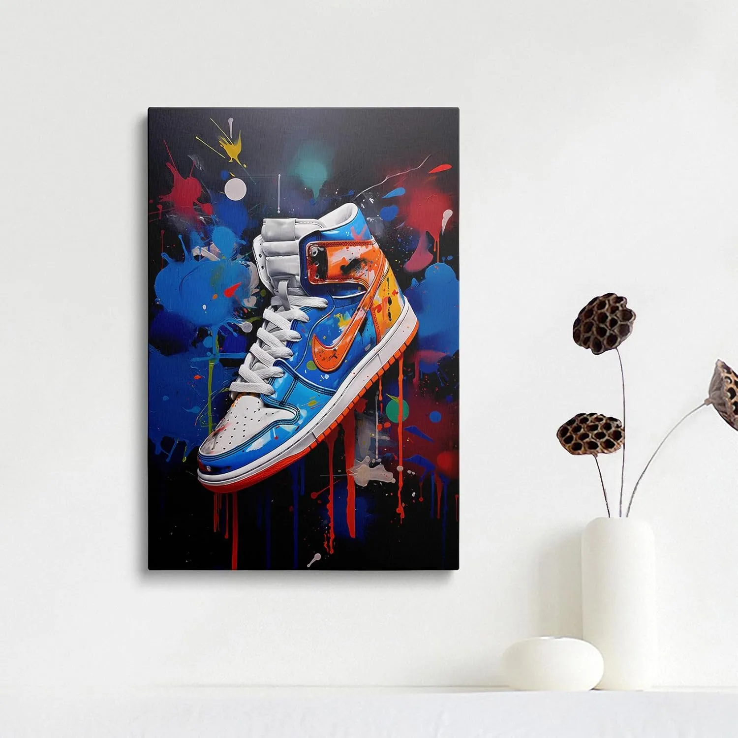 Framed Trendy Cool Banksy Graffiti Pop Sneaker Shoe Canvas Wall Art Gym Sports Decor Poster For Living Room Bedroom Home Office Artwork Gift Ready To Hang(16x24 Inches)