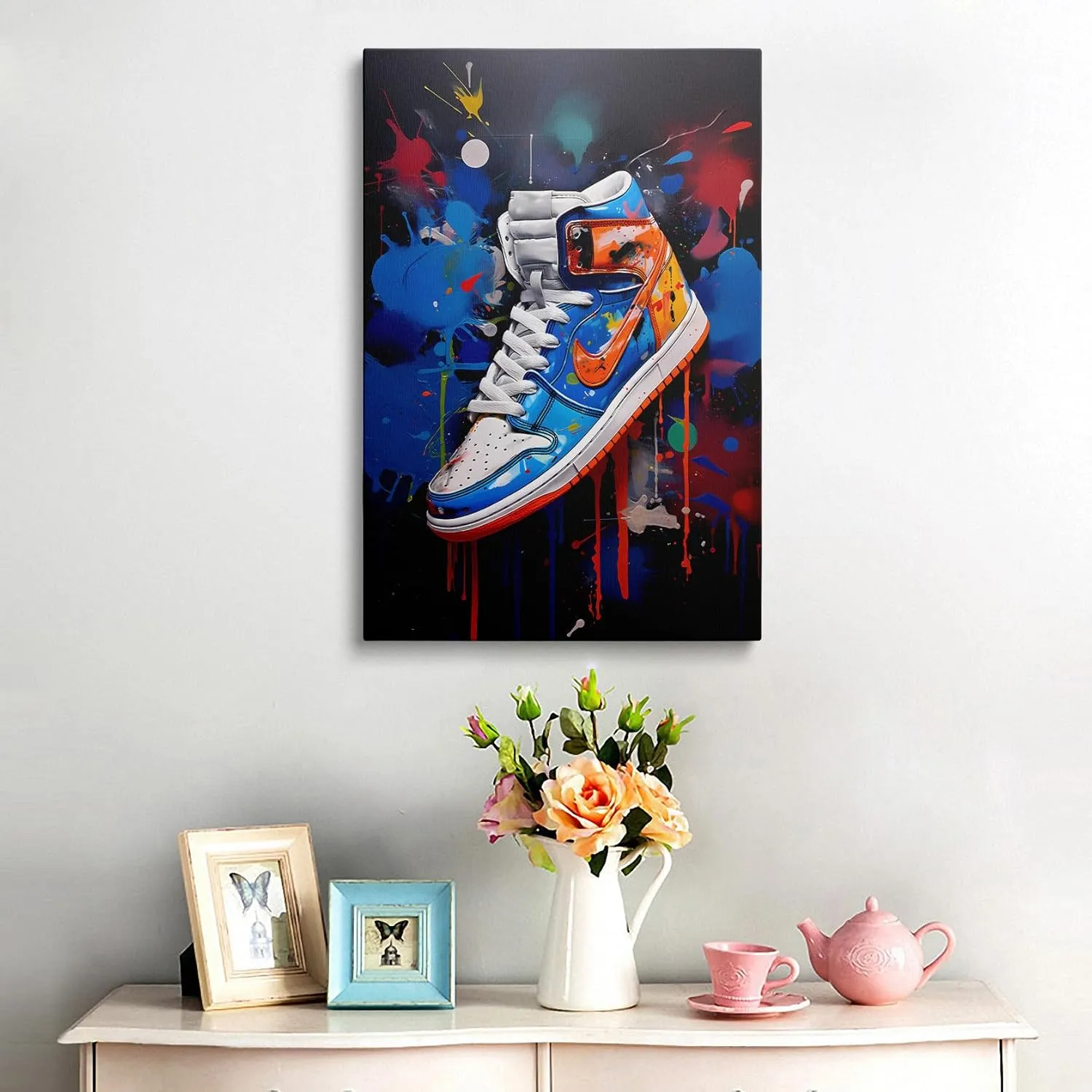 Framed Trendy Cool Banksy Graffiti Pop Sneaker Shoe Canvas Wall Art Gym Sports Decor Poster For Living Room Bedroom Home Office Artwork Gift Ready To Hang(16x24 Inches)