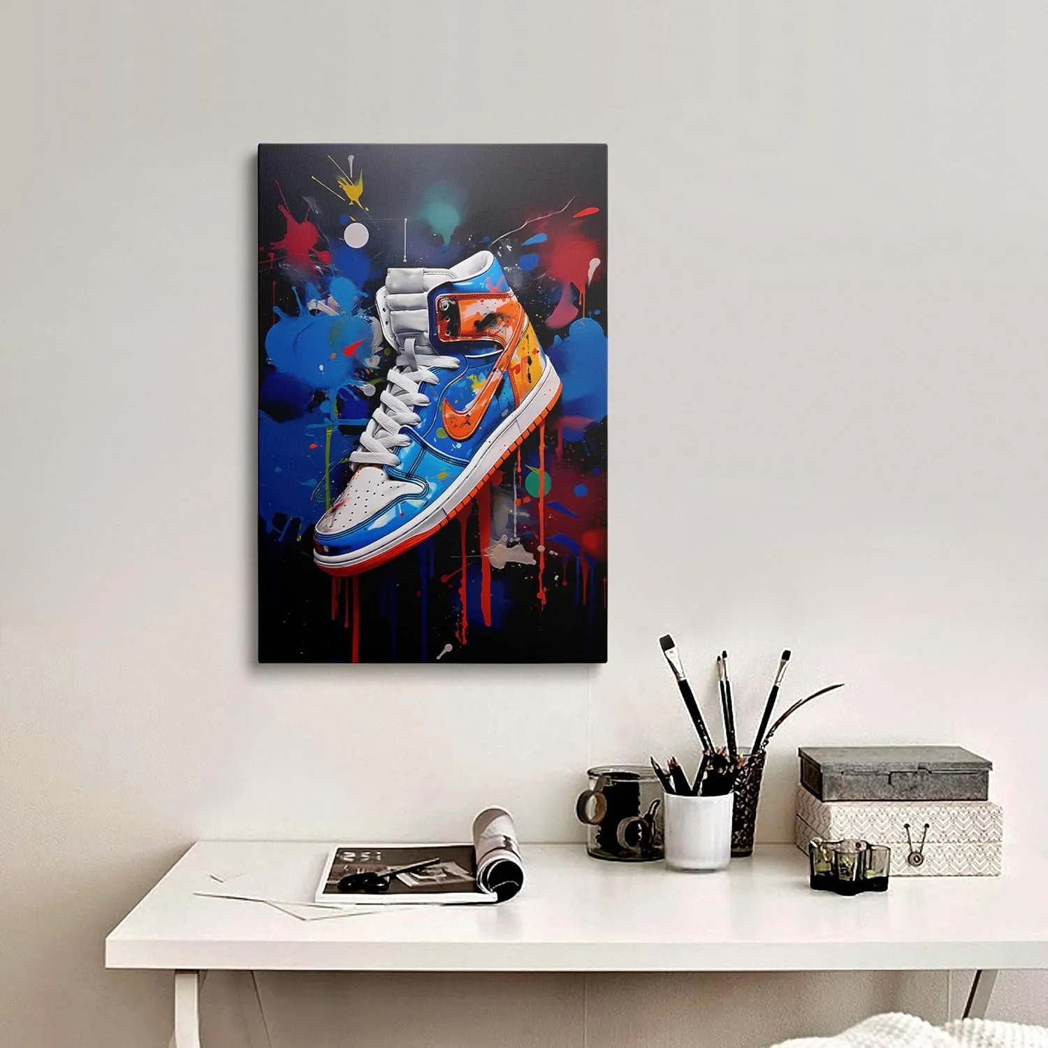 Framed Trendy Cool Banksy Graffiti Pop Sneaker Shoe Canvas Wall Art Gym Sports Decor Poster For Living Room Bedroom Home Office Artwork Gift Ready To Hang(16x24 Inches)