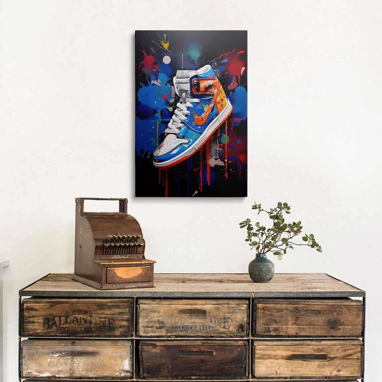Framed Trendy Cool Banksy Graffiti Pop Sneaker Shoe Canvas Wall Art Gym Sports Decor Poster For Living Room Bedroom Home Office Artwork Gift Ready To Hang(16x24 Inches)