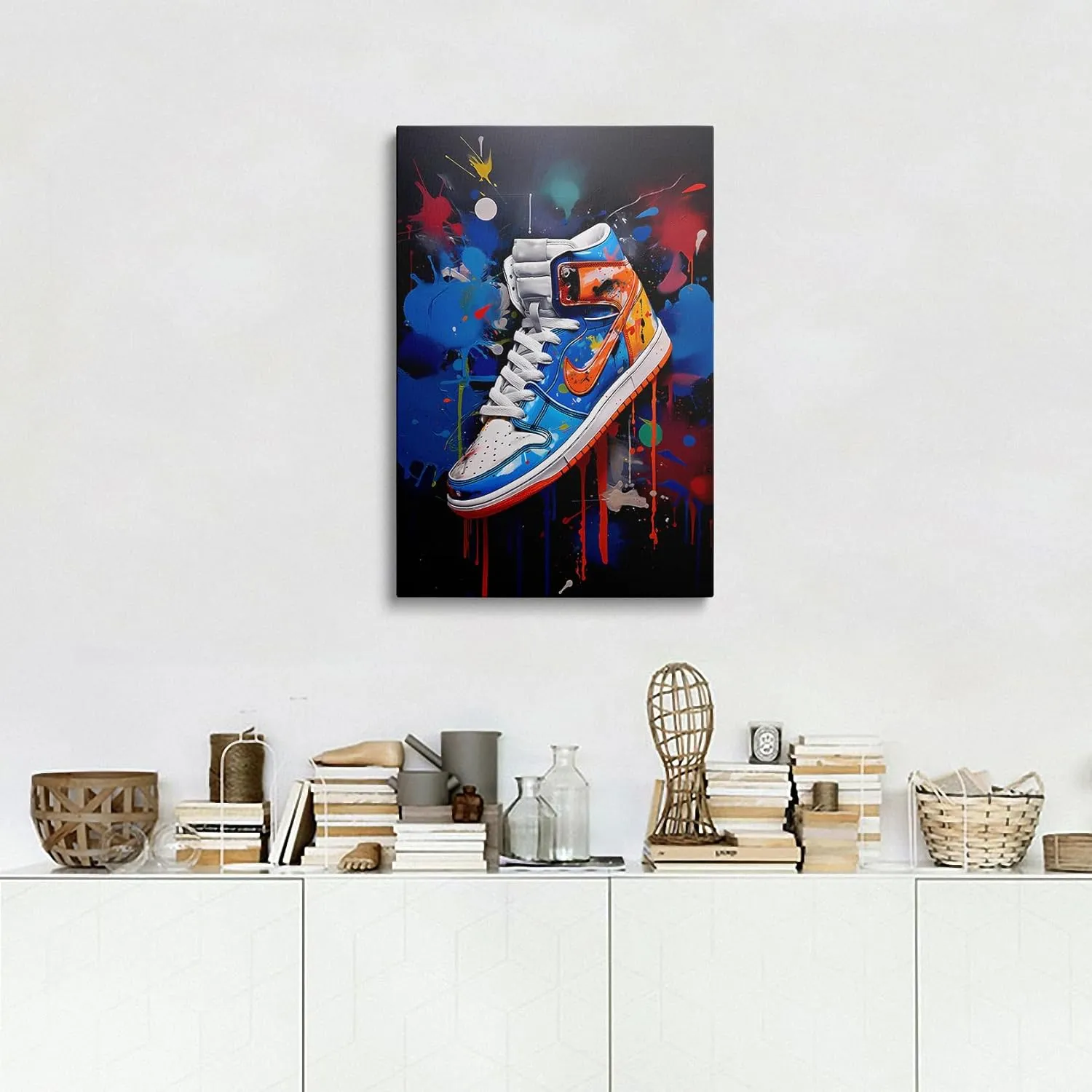 Framed Trendy Cool Banksy Graffiti Pop Sneaker Shoe Canvas Wall Art Gym Sports Decor Poster For Living Room Bedroom Home Office Artwork Gift Ready To Hang(16x24 Inches)
