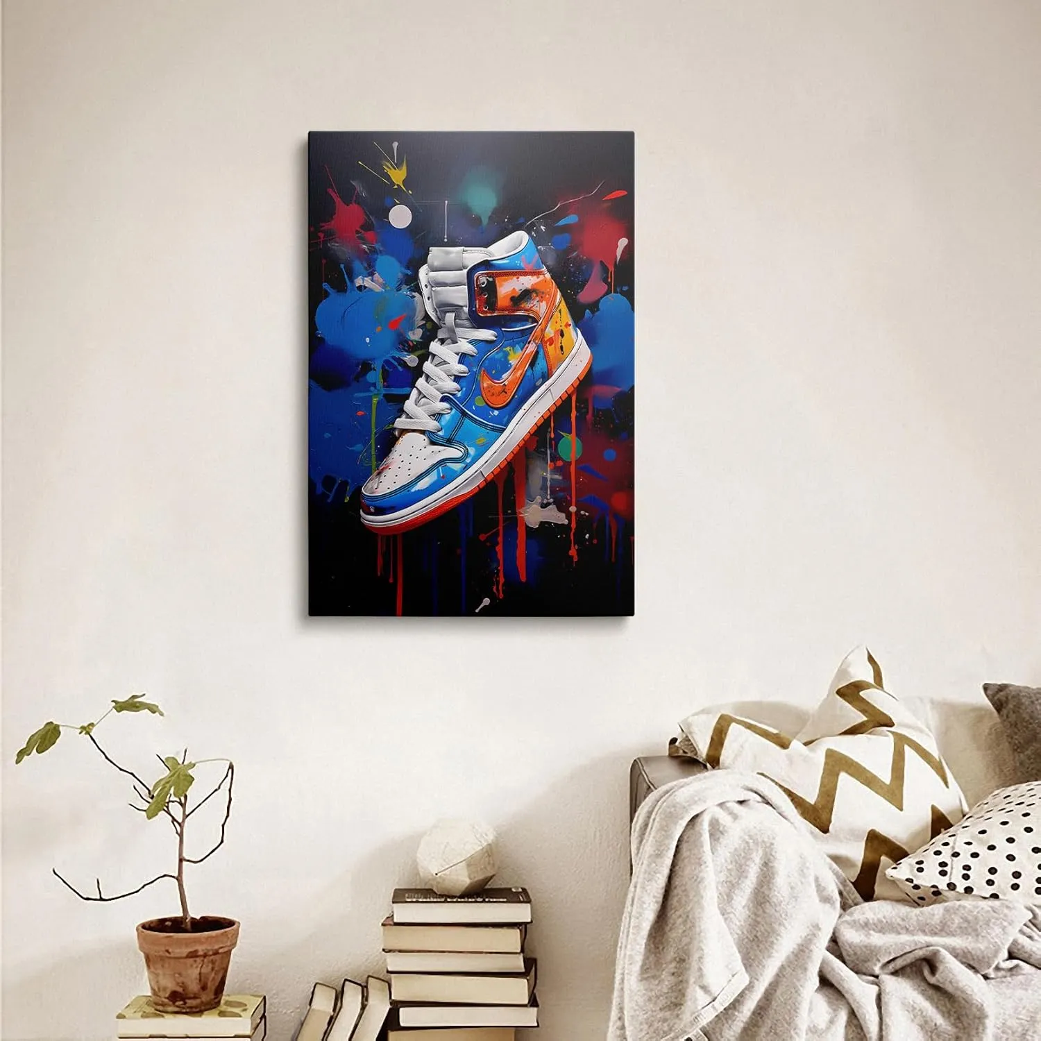 Framed Trendy Cool Banksy Graffiti Pop Sneaker Shoe Canvas Wall Art Gym Sports Decor Poster For Living Room Bedroom Home Office Artwork Gift Ready To Hang(16x24 Inches)
